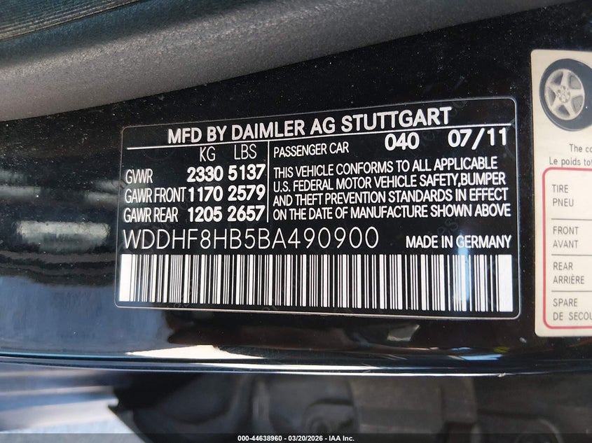 2011 Mercedes-benz E-klasse VIN WDDHF8HB5BA490900 IAAI salvage auction — RIGHT FRONT, Clear (Virginia), sold $650 on 2026-08-03 (photo 9)
