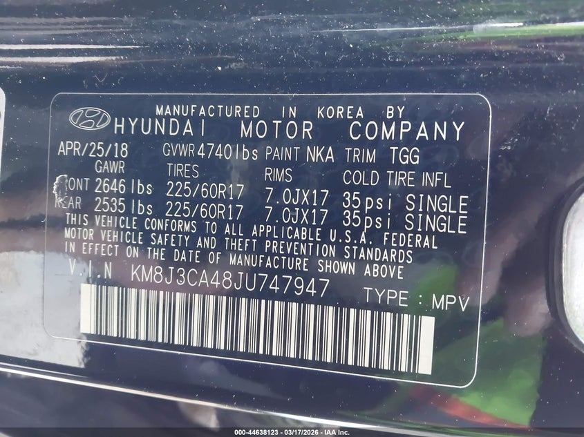 2018 Hyundai Tucson VIN KM8J3CA48JU747947 IAAI salvage auction — RIGHT FRONT, Salvage Title, sold $2,600 on 2026-07-16 (photo 9)