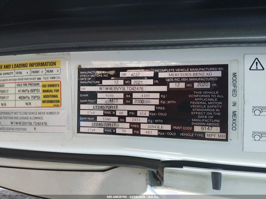 2020 Mercedes-benz Sprinter VIN W1W4EBVY9LT042476 IAAI salvage auction — Hail, Salvage (Tennessee), sold $48,550 on 2026-04-30 (photo 9)