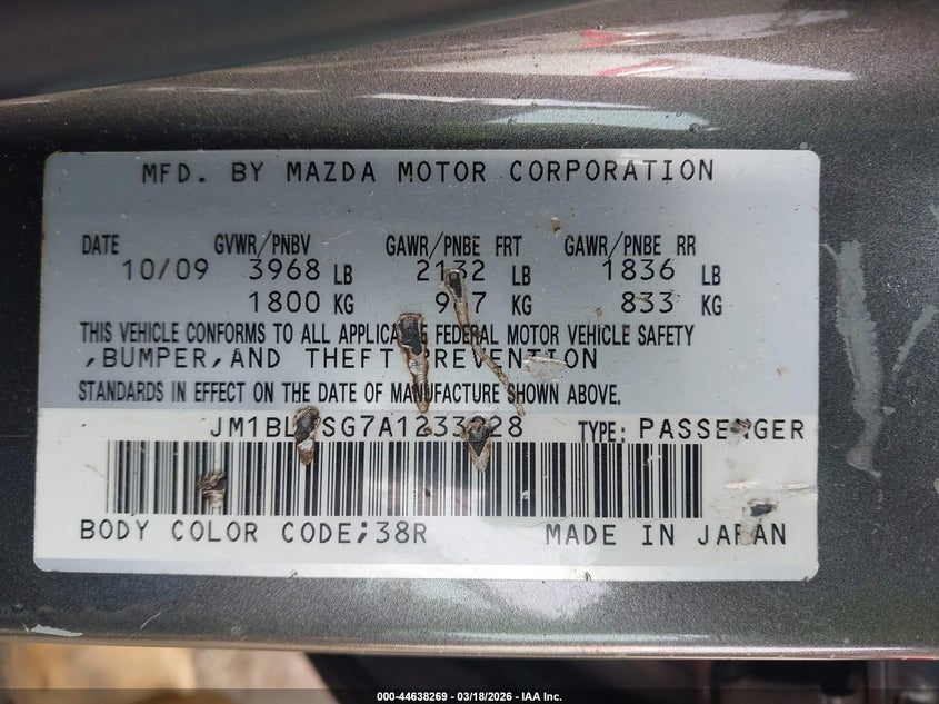 2010 Mazda 3 VIN JM1BL1SG7A1233028 IAAI salvage auction — FRONT END, Salvage (Massachusetts), sold $375 on 2026-07-14 (photo 9)
