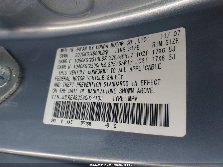 2008 Honda Cr-v VIN JHLRE48328C024103 IAAI salvage auction — NORMAL WEAR, Clear-Dealer Only (North Carolina), sold $2,550 on 2026-07-14 (photo 9)