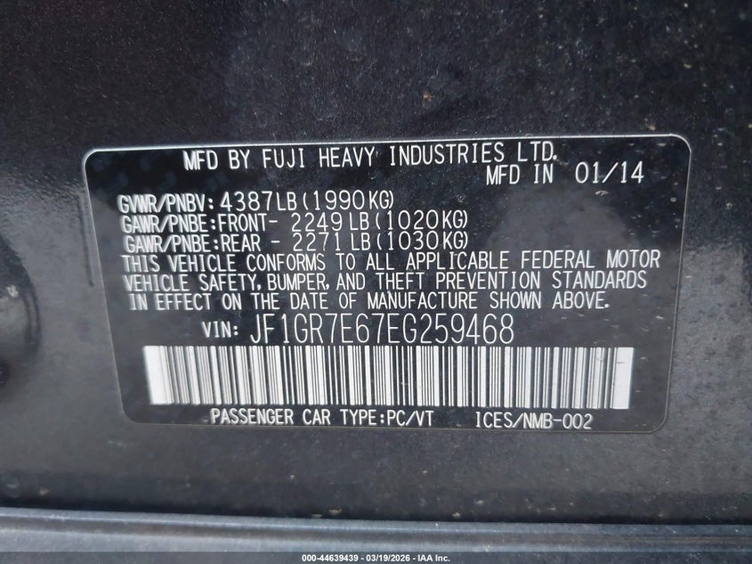 2014 Subaru Impreza wrx VIN JF1GR7E67EG259468 IAAI salvage auction — LEFT SIDE, Salvage Title, sold $2,225 on 2026-07-29 (photo 9)
