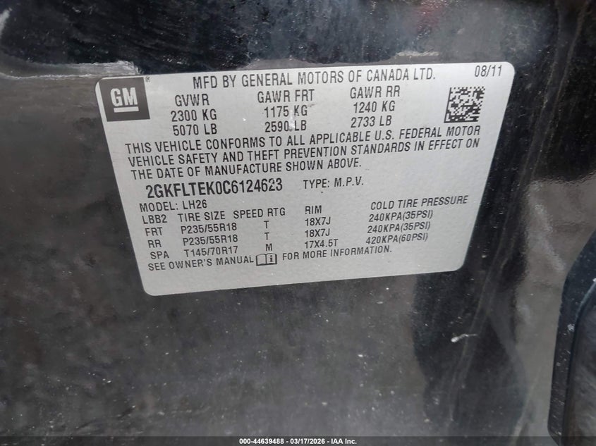 2012 Gmc Terrain VIN 2GKFLTEK0C6124623 IAAI salvage auction — FRONT & REAR, Salvage Title, sold $250 on 2026-07-18 (photo 9)