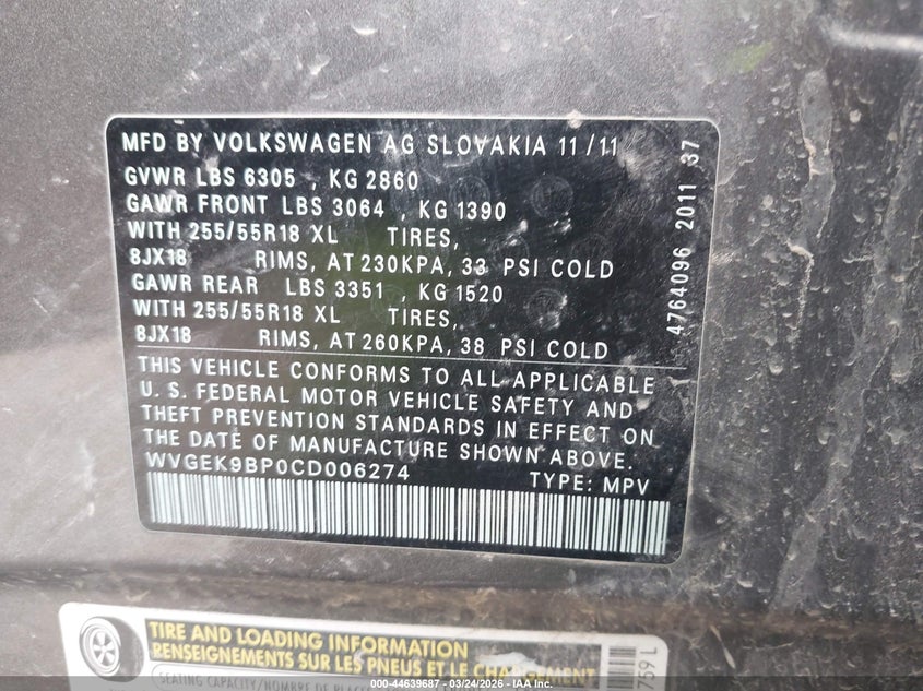 2012 Volkswagen Touareg VIN WVGEK9BP0CD006274 IAAI salvage auction — FRONT END, Wait Title, sold $1,550 on 2026-08-05 (photo 9)