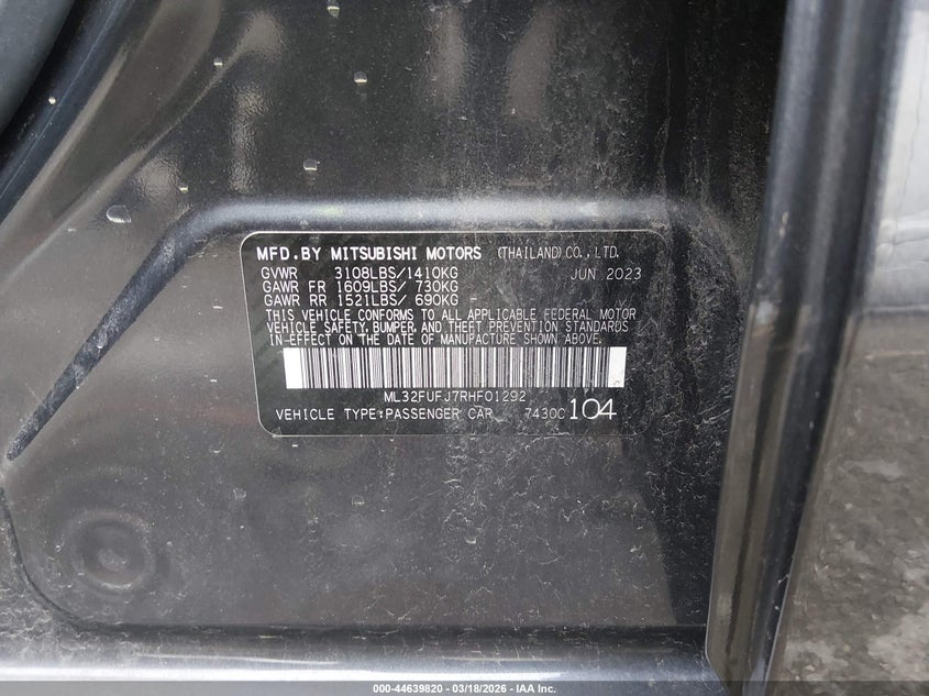 2024 Mitsubishi Mirage VIN ML32FUFJ7RHF01292 IAAI salvage auction — RIGHT SIDE, Salvage (Kentucky), sold $2,800 on 2026-07-13 (photo 9)