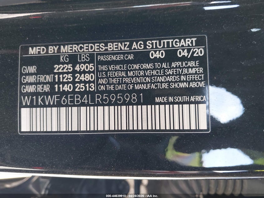 2020 Mercedes-benz C-klasse VIN W1KWF6EB4LR595981 IAAI salvage auction — LEFT SIDE, Salvage Title, sold $12,800 on 2026-07-14 (photo 9)