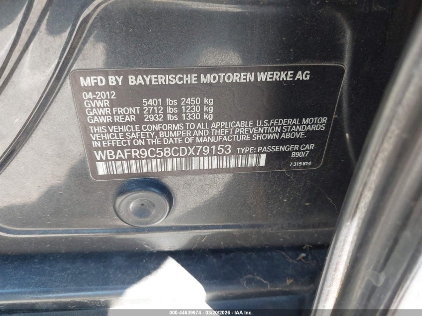 2012 BMW 5er VIN WBAFR9C58CDX79153 IAAI salvage auction — LEFT FRONT, Salvage Title, sold $700 on 2026-07-16 (photo 9)