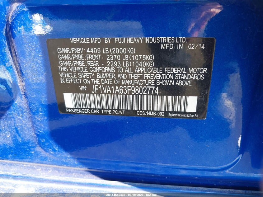2015 Subaru Wrx VIN JF1VA1A63F9802774 IAAI salvage auction — RIGHT SIDE, Salvage Title, sold $1,700 on 2026-07-24 (photo 9)