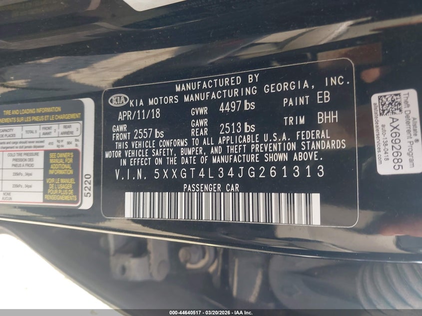 2018 Kia Optima VIN 5XXGT4L34JG261313 IAAI salvage auction — FRONT END, Salvage (Georgia), sold $700 on 2026-07-14 (photo 9)