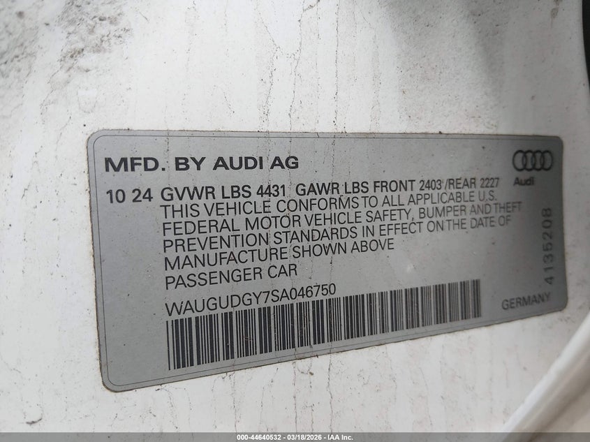 2025 Audi A3 VIN WAUGUDGY7SA046750 IAAI salvage auction — FRONT END, Salvage (New Jersey), sold $9,475 on 2026-08-10 (photo 9)