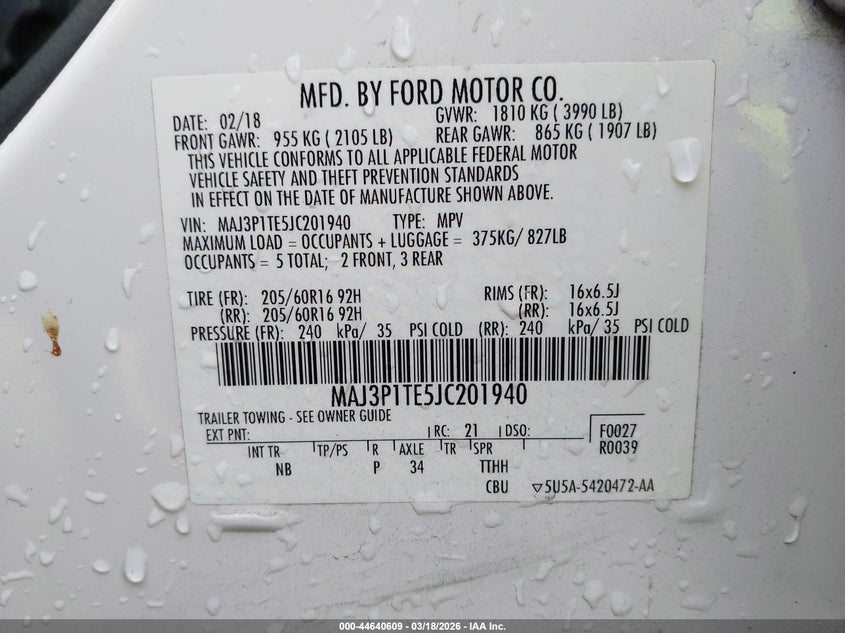 2018 Ford Ecosport VIN MAJ3P1TE5JC201940 IAAI salvage auction — RIGHT FRONT, Salvage (Alabama), sold $975 on 2026-07-22 (photo 9)