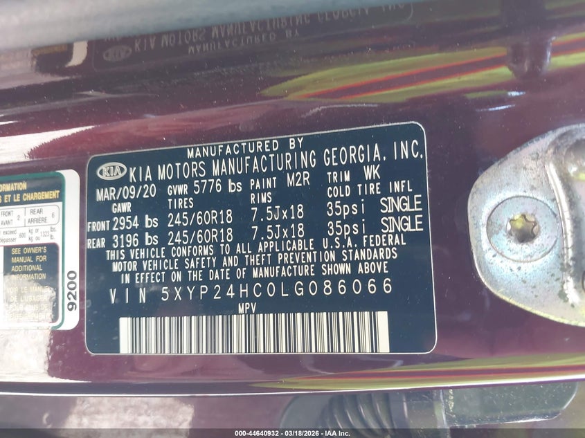 2020 Kia Telluride VIN 5XYP24HC0LG086066 IAAI salvage auction — FRONT END, Salvage Title, sold $25 on 2026-07-28 (photo 9)