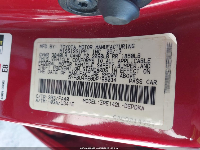 2013 Toyota Corolla VIN 5YFBU4EE0DP198034 IAAI salvage auction — FRONT END, Salvage Title, sold $3,450 on 2026-07-17 (photo 9)