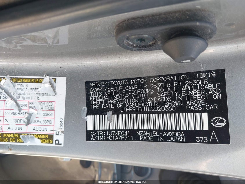 2020 Lexus Ux VIN JTHP9JBH1L2020360 IAAI salvage auction — REAR END, Salvage Title, sold $6,975 on 2026-07-29 (photo 9)
