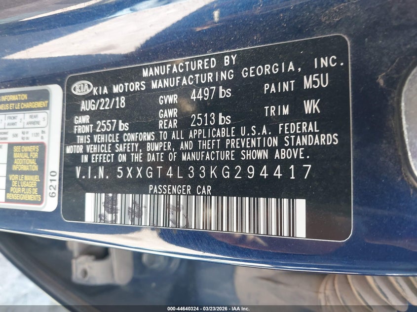 2019 Kia Optima VIN 5XXGT4L33KG294417 IAAI salvage auction — FRONT END, Salvage (Oklahoma), sold $325 on 2026-07-22 (photo 9)