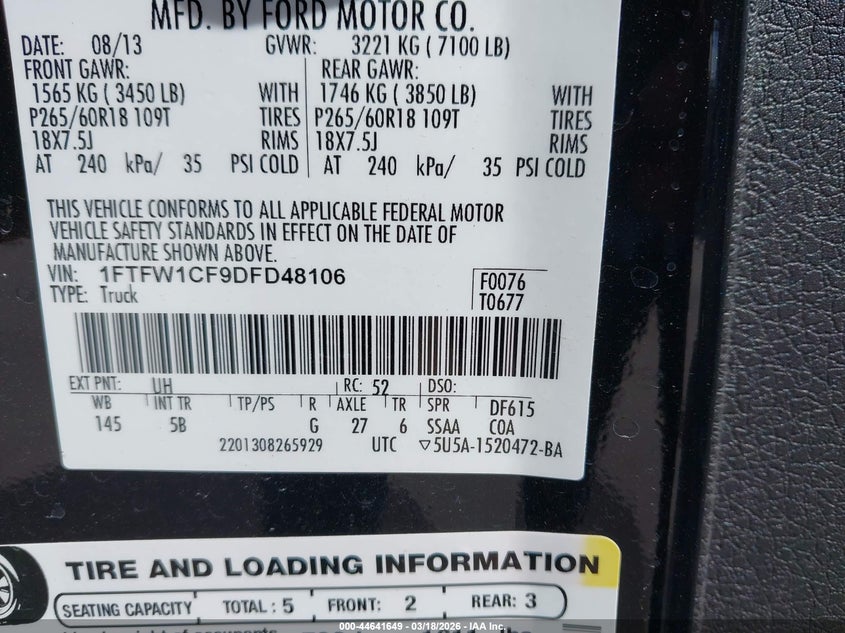 2013 Ford F-150 VIN 1FTFW1CF9DFD48106 IAAI salvage auction — FRONT & REAR, Original (Texas), sold $1,650 on 2026-08-01 (photo 9)