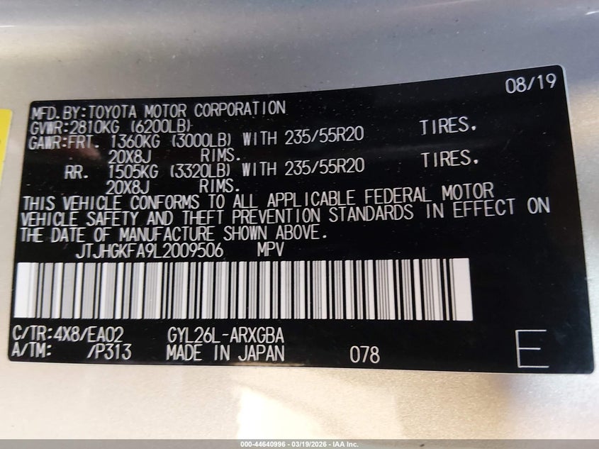2020 Lexus Rx VIN JTJHGKFA9L2009506 IAAI salvage auction — FRONT END, Salvage Title, sold $19,150 on 2026-07-14 (photo 9)