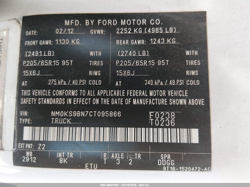 2012 Ford Transit VIN NM0KS9BN7CT095866 IAAI salvage auction — FRONT END, Salvage Title, sold $350 on 2026-07-21 (photo 9)