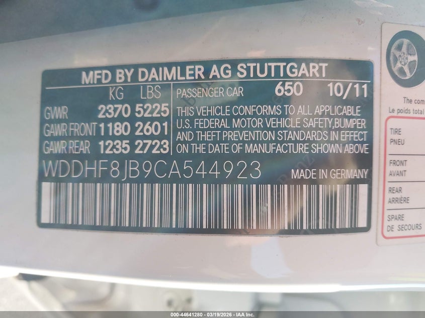 2012 Mercedes-benz E-klasse VIN WDDHF8JB9CA544923 IAAI salvage auction — LEFT SIDE, Salvage (Utah), sold $2,275 on 2026-08-20 (photo 9)