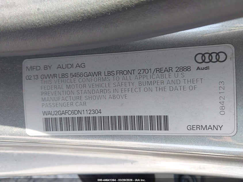 2013 Audi A7 VIN WAU2GAFC6DN112304 IAAI salvage auction — RIGHT FRONT, Salvage (Georgia), sold $2,200 on 2026-07-09 (photo 9)