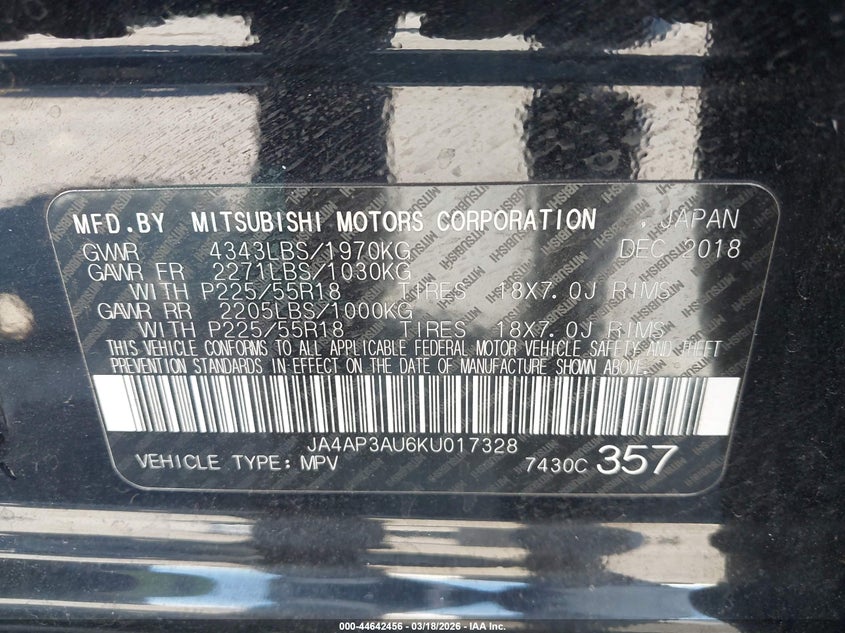 2019 Mitsubishi Outlander VIN JA4AP3AU6KU017328 IAAI salvage auction — LEFT REAR, Salvage Title, sold $2,950 on 2026-07-08 (photo 9)