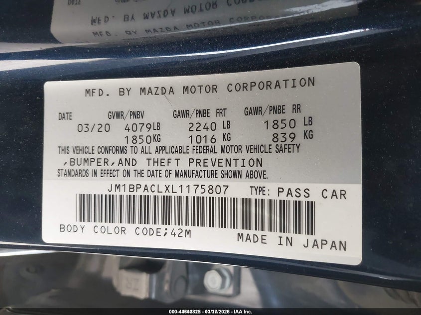 2020 Mazda 3 VIN JM1BPACLXL1175807 IAAI salvage auction — FRONT END, Salvage Title, sold $525 on 2026-08-24 (photo 9)
