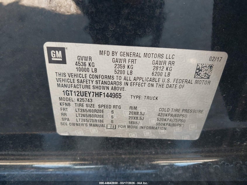 2017 Gmc SIERRA VIN 1GT12UEY7HF144965 IAAI salvage auction — RIGHT FRONT, Original (Texas), sold $5,700 on 2026-07-09 (photo 9)