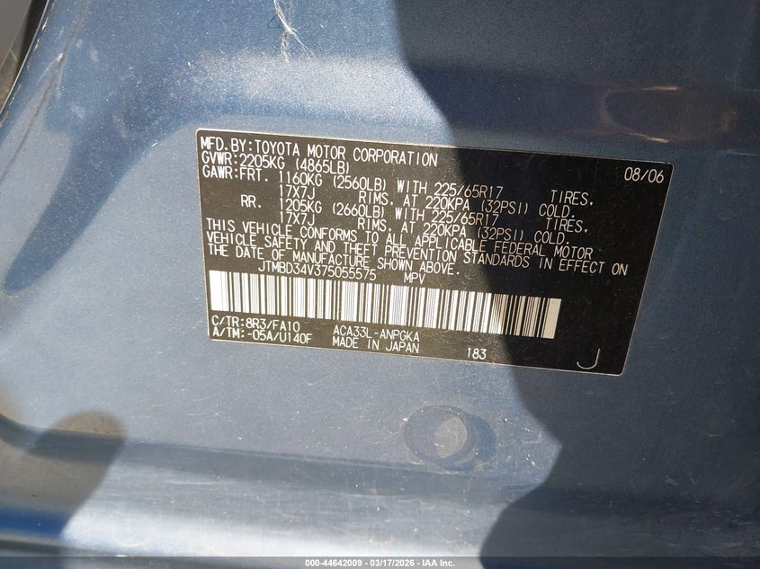 2007 Toyota Rav4 VIN JTMBD34V375055575 IAAI salvage auction — REAR END, Salvage (California), sold $2,350 on 2026-07-30 (photo 9)