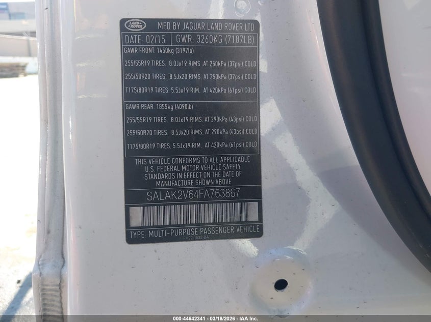 2015 Land rover Lr4 VIN SALAK2V64FA763867 IAAI salvage auction — UNKNOWN, Salvage Title, sold $675 on 2026-07-27 (photo 9)