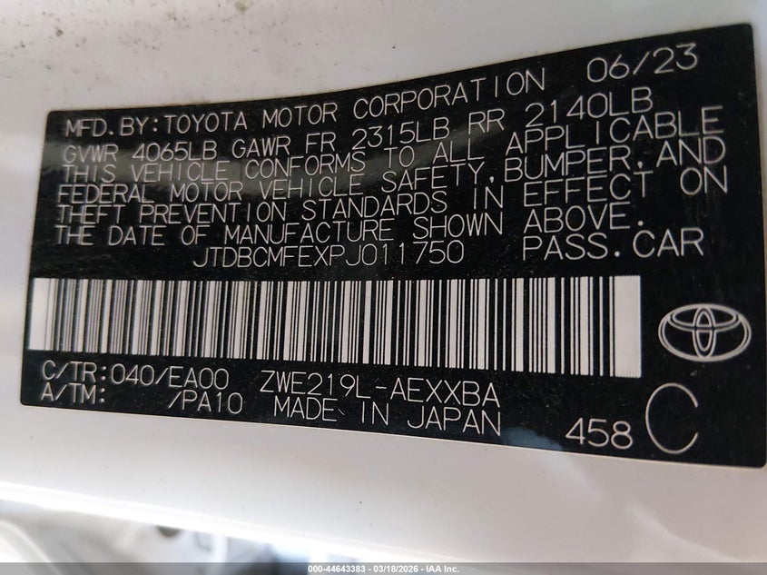 2023 Toyota Corolla VIN JTDBCMFEXPJ011750 IAAI salvage auction — FRONT END, Salvage Title, sold $6,300 on 2026-08-01 (photo 9)
