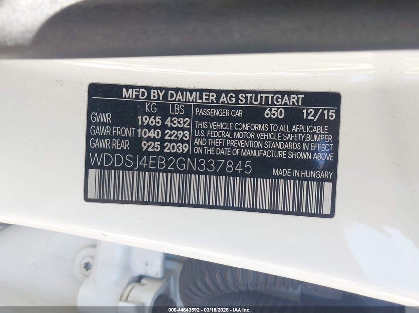 2016 Mercedes-benz Cla-klasse VIN WDDSJ4EB2GN337845 IAAI salvage auction — UNKNOWN, Salvage (California), sold $375 on 2026-07-21 (photo 9)