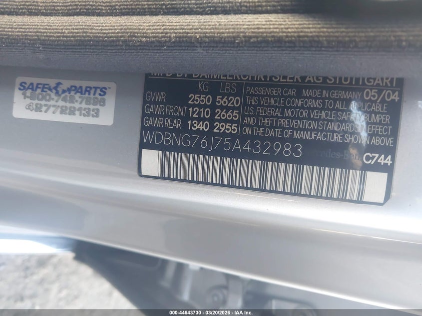 2005 Mercedes-benz S class VIN WDBNG76J75A432983 IAAI salvage auction — NORMAL WEAR, Clear (Pennsylvania), sold $725 on 2026-07-10 (photo 9)