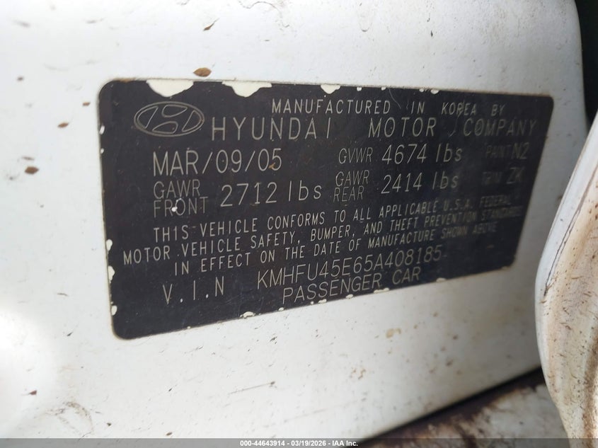 2005 Hyundai Xg VIN KMHFU45E65A408185 IAAI salvage auction — FRESH WATER, Salvage (Hawaii), sold $75 on 2026-07-21 (photo 9)