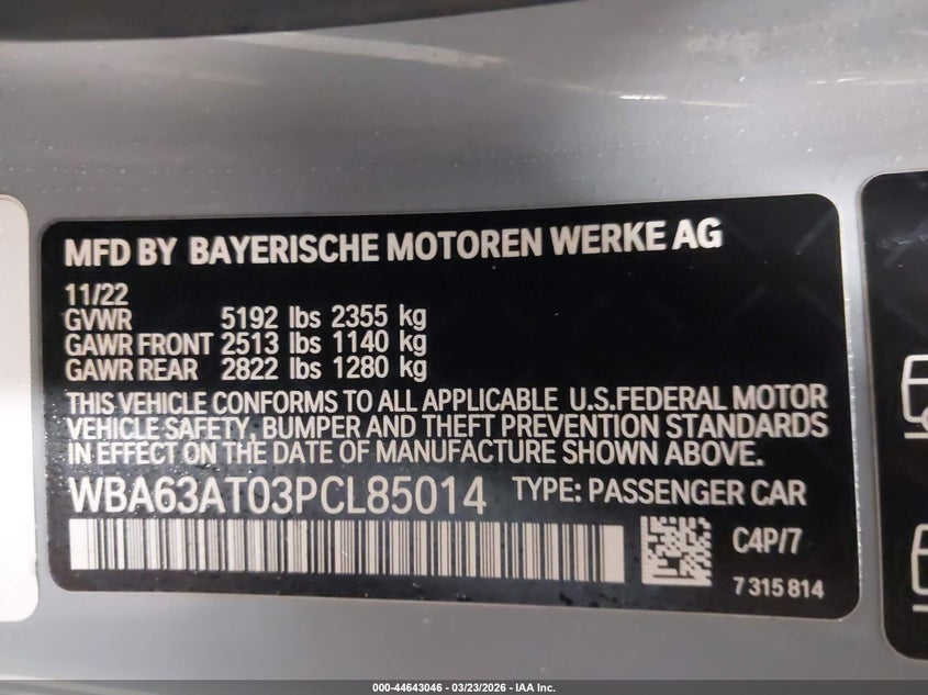 2023 BMW 4er VIN WBA63AT03PCL85014 IAAI salvage auction — FRONT END, Salvage Title, sold $17,500 on 2026-07-14 (photo 9)