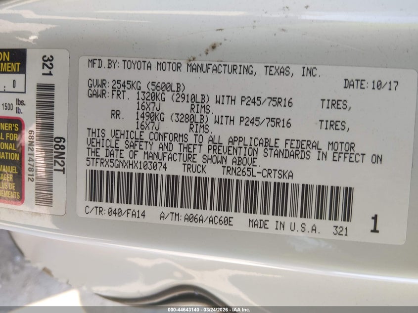 2017 Toyota Tacoma VIN 5TFRX5GNXHX103074 IAAI salvage auction — LEFT SIDE, Wait Title, sold $5,600 on 2026-07-09 (photo 9)