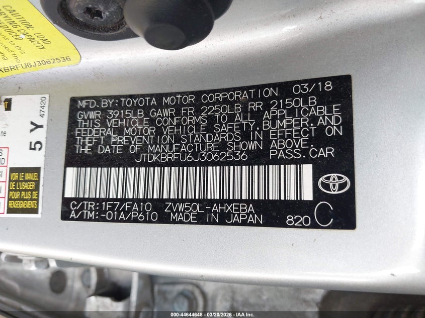 2018 Toyota Prius VIN JTDKBRFU6J3062536 IAAI salvage auction — REAR END, Salvage (Idaho), sold $2,400 on 2026-07-24 (photo 9)