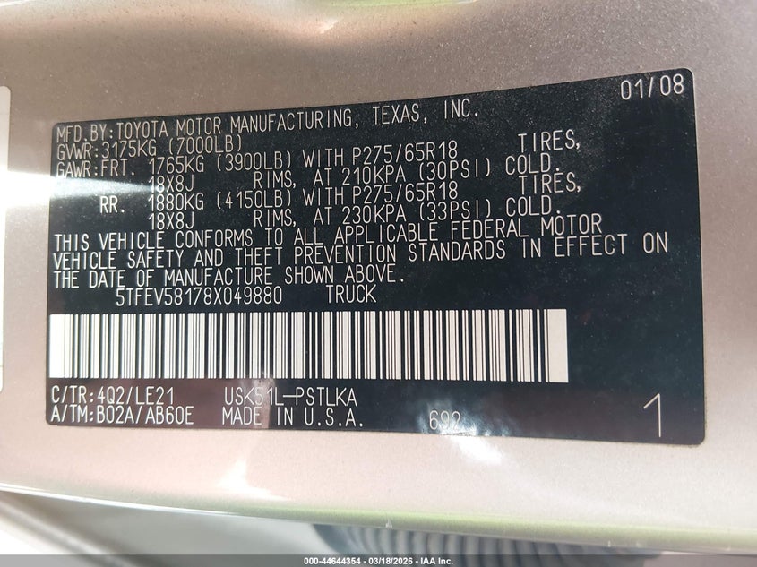 2008 Toyota Tundra VIN 5TFEV58178X049880 IAAI salvage auction — LEFT SIDE, Clear (Oklahoma), sold $6,300 on 2026-07-08 (photo 9)