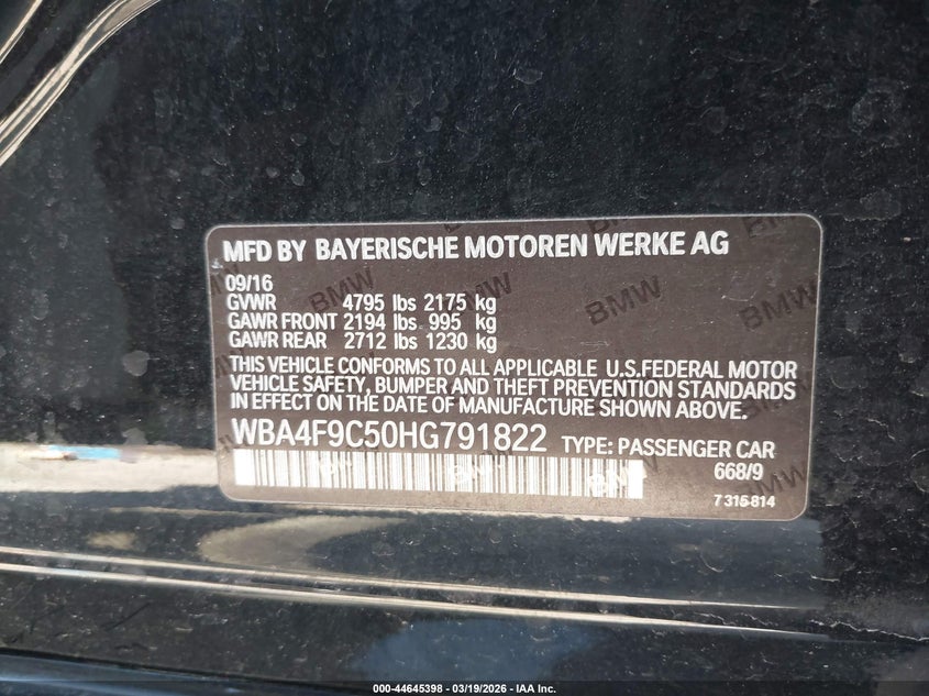 2017 BMW 4er VIN WBA4F9C50HG791822 IAAI salvage auction — LEFT REAR, Salvage (Illinois), sold $6,100 on 2026-07-14 (photo 9)