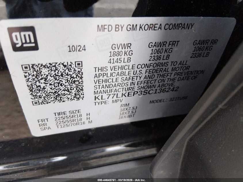 2025 Chevrolet Trax VIN KL77LKEP3SC136242 IAAI salvage auction — FRONT END, Salvage (New Jersey), sold $6,900 on 2026-07-31 (photo 9)