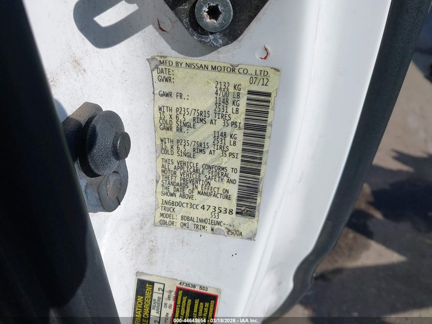2012 Nissan Navara (frontier) VIN 1N6BD0CT3CC473538 IAAI salvage auction — FRONT & REAR, Salvage Title, sold $1,350 on 2026-09-10 (photo 9)