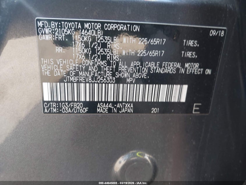 2018 Toyota Rav 4 VIN JTMBFREV8JJ256303 IAAI salvage auction — RIGHT SIDE, Salvage - Greater Than 75% (Maryland), sold $4,250 on 2026-07-15 (photo 9)