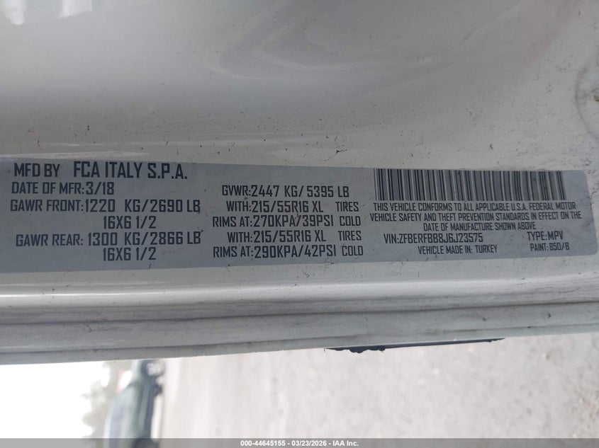 2018 Ram Promaster city VIN ZFBERFBB8J6J23575 IAAI salvage auction — FRONT END, Salvage Title, sold $475 on 2026-07-10 (photo 9)