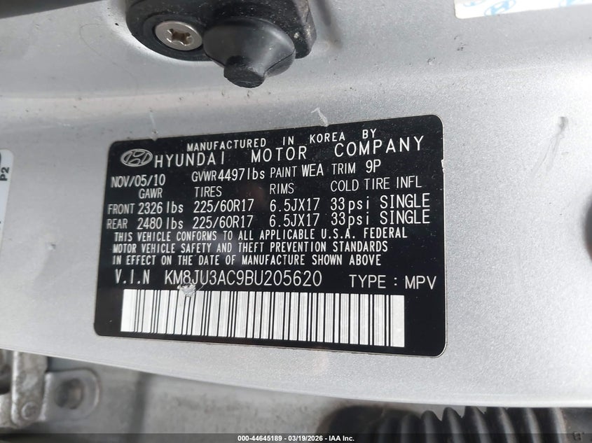 2011 Hyundai Tucson VIN KM8JU3AC9BU205620 IAAI salvage auction — FRONT & REAR, Salvage (Ohio), sold $400 on 2026-07-07 (photo 9)