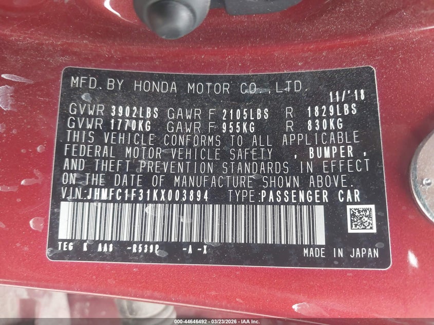 2019 Honda Civic VIN JHMFC1F31KX003894 IAAI salvage auction — REAR END, Salvage (Utah), sold $5,300 on 2026-07-16 (photo 9)
