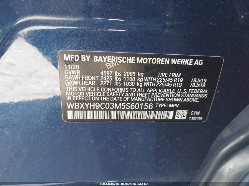 2021 BMW X2 VIN WBXYH9C03M5S60156 IAAI salvage auction — RIGHT FRONT, Salvage Title, sold $7,100 on 2026-07-26 (photo 9)