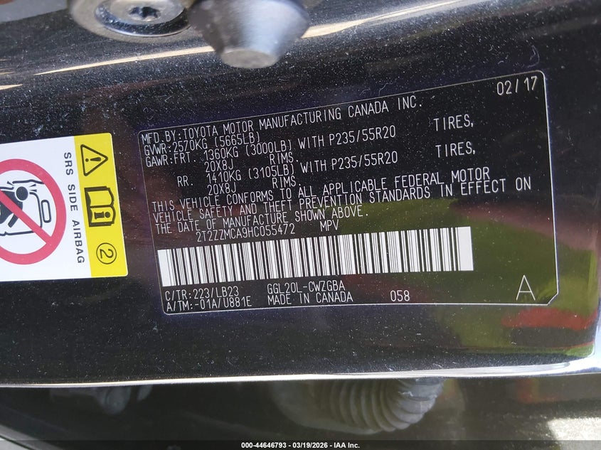 2017 Lexus Rx VIN 2T2ZZMCA9HC055472 IAAI salvage auction — LEFT FRONT, Salvage Title, sold $9,500 on 2026-07-30 (photo 9)