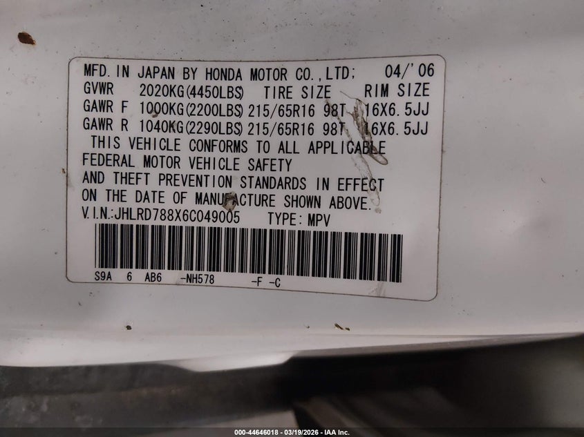 2006 Honda Cr-v VIN JHLRD788X6C049005 IAAI salvage auction — LEFT SIDE, Clear (Minnesota), sold $350 on 2026-07-28 (photo 9)