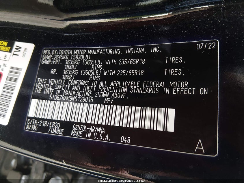 2022 Toyota Highlander VIN 5TDGZRAH9NS129016 IAAI salvage auction — FRONT END, Salvage (Mississippi), sold $10,700 on 2026-07-22 (photo 9)