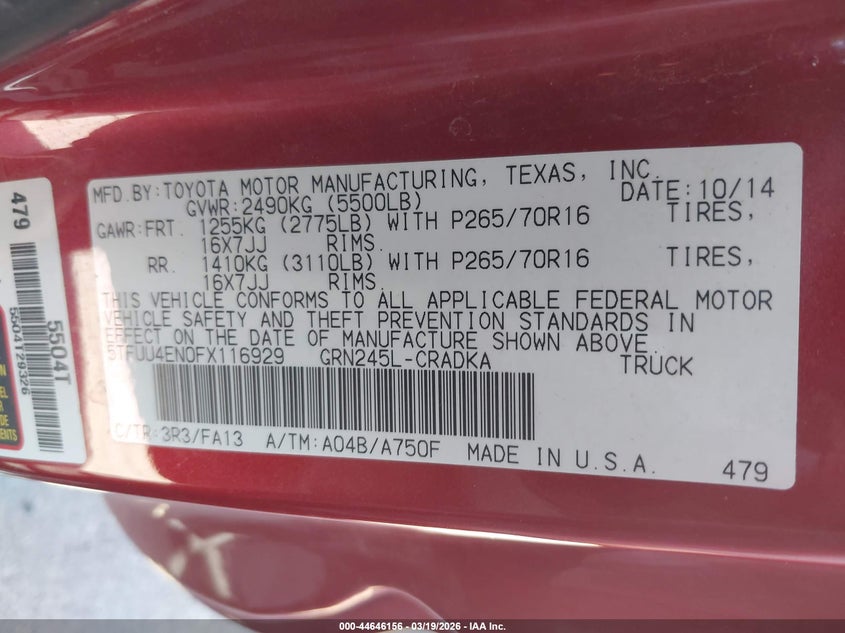 2015 Toyota Tacoma VIN 5TFUU4EN0FX116929 IAAI salvage auction — LEFT REAR, Salvage Title, sold $6,500 on 2026-07-23 (photo 9)