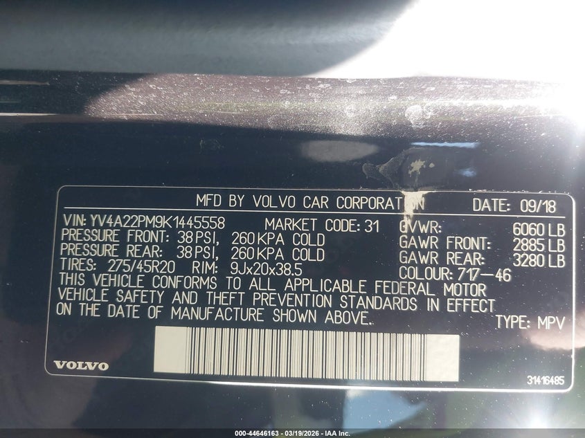 2019 Volvo Xc90 VIN YV4A22PM9K1445558 IAAI salvage auction — RIGHT FRONT, Salvage (Missouri), sold $6,950 on 2026-07-06 (photo 9)